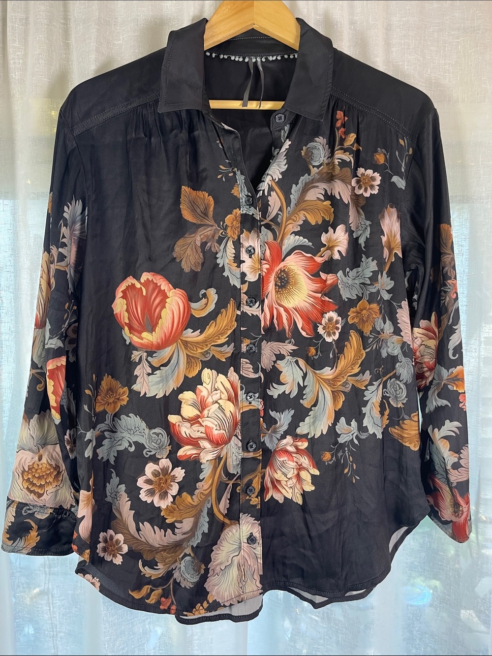 Anthropologie Black Floral Button-Down Blouse